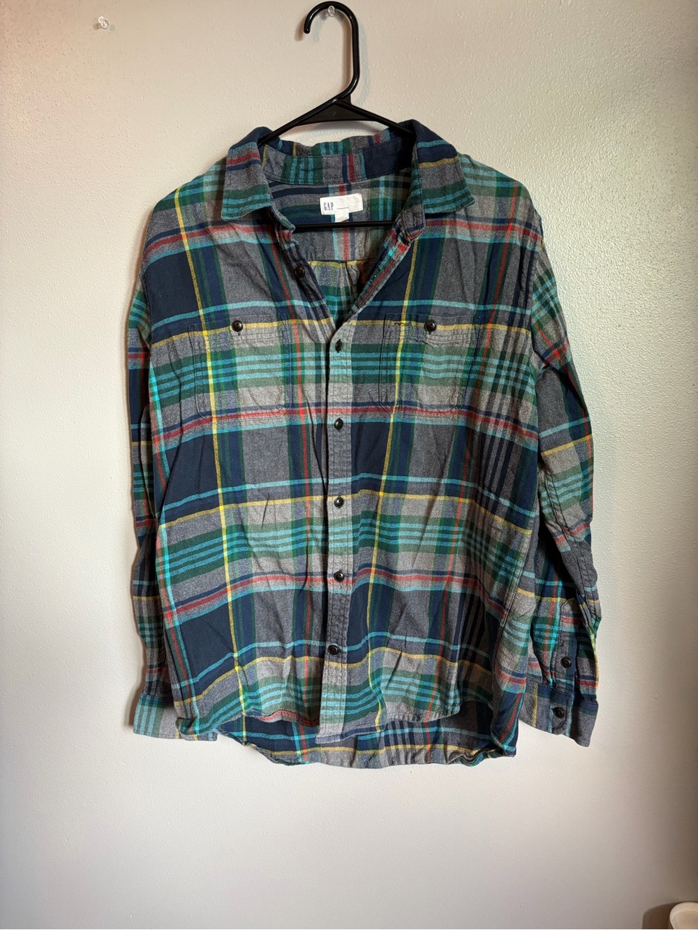 GAP Multicolor Plaid Flannel Shirt — Navy, Green & Teal